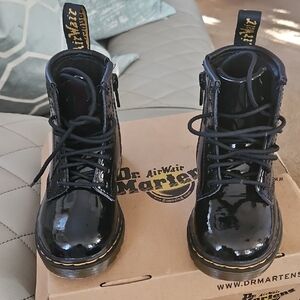 Dr. Martens Shiny Black Boots with Yellow Stitching